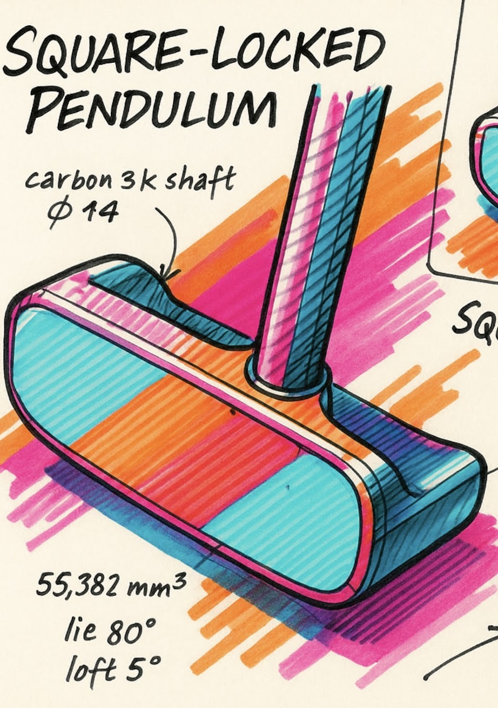 Marker sketch of the Square-Locked Pendulum putter annotated with shaft diameter, volume, lie and loft