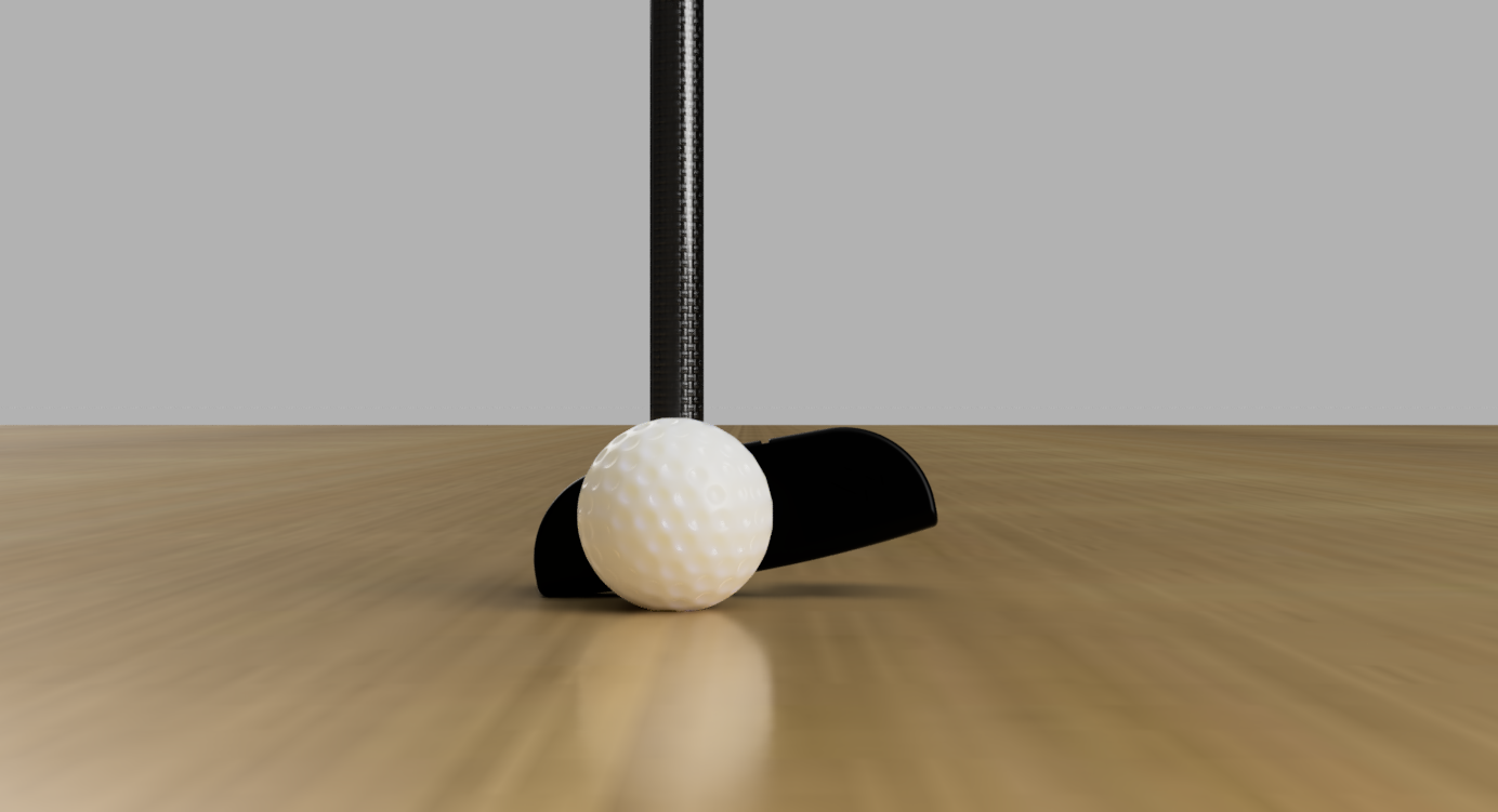 Putter and ball at address on a wooden floor